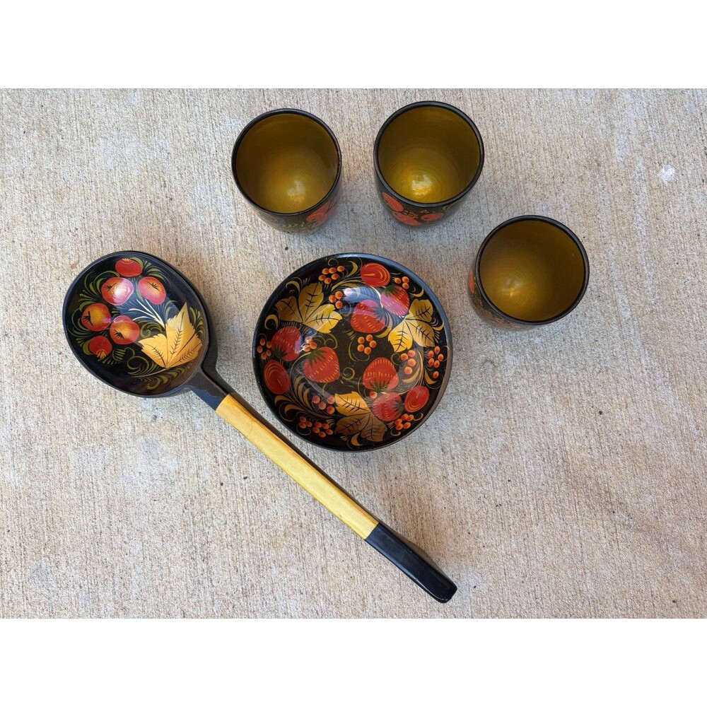 Vintage USSR Russian Khokhloma 5 Piece Lacquer Bowl Cups & Large 12" Ladle Spoon - Picture 2 of 16